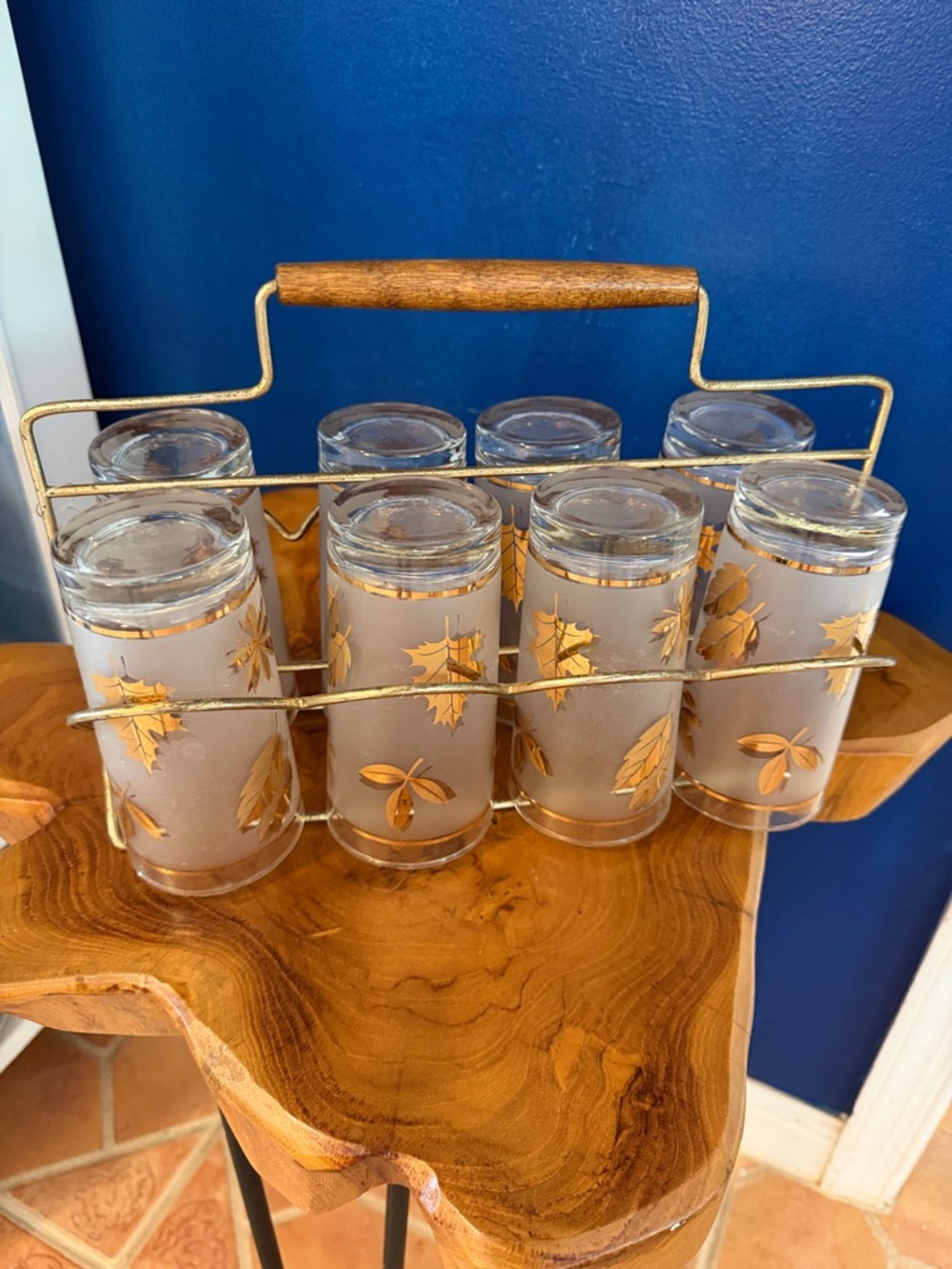 Vintage Mid-Century Libbey Frosted Gold Leaf Glass Set with Brass & Wood Caddy